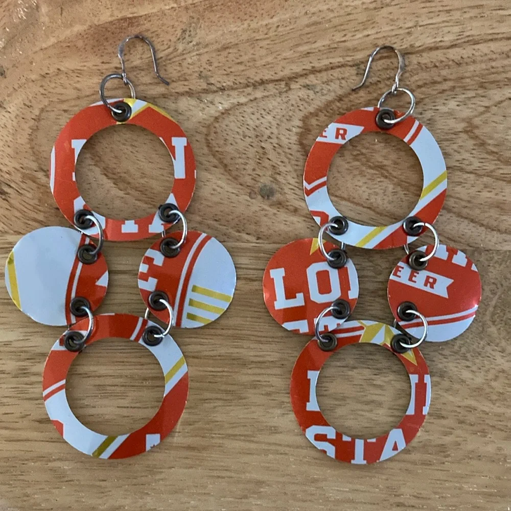 Tin can dangle earrings NEW Red White Circular drops eclectic handmade